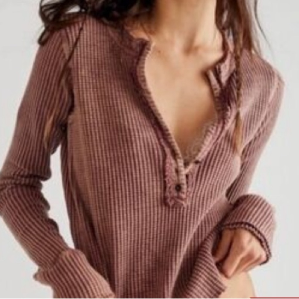 Free People One Waffle Knit Henley Long Sleeve Top - Mauve Pink. Size L